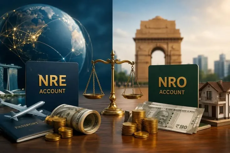Comparison of NRE vs NRO accounts for NRIs, featuring a scale, foreign currency, and Indian rupees