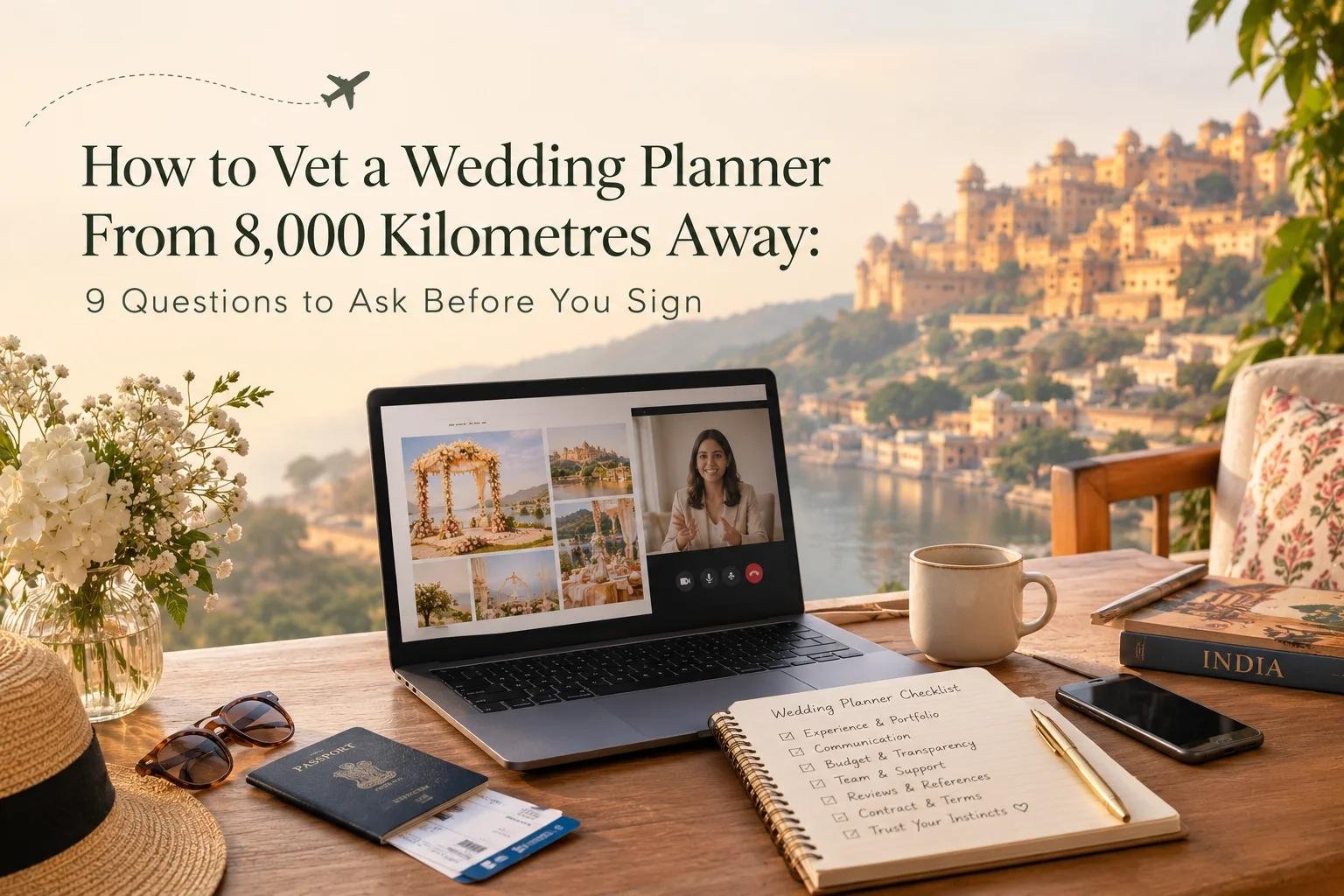 How to vet a wedding planner from 8,000 km away — NRI destination wedding planning in India, video consultation, wedding planner checklist, passport, and Rajasthan palace backdrop