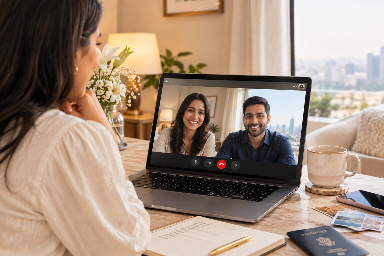 NRI wedding planning from abroad — bride-to-be on a video call with Indian wedding planners, laptop consultation, passport and checklist on table, city skyline view.