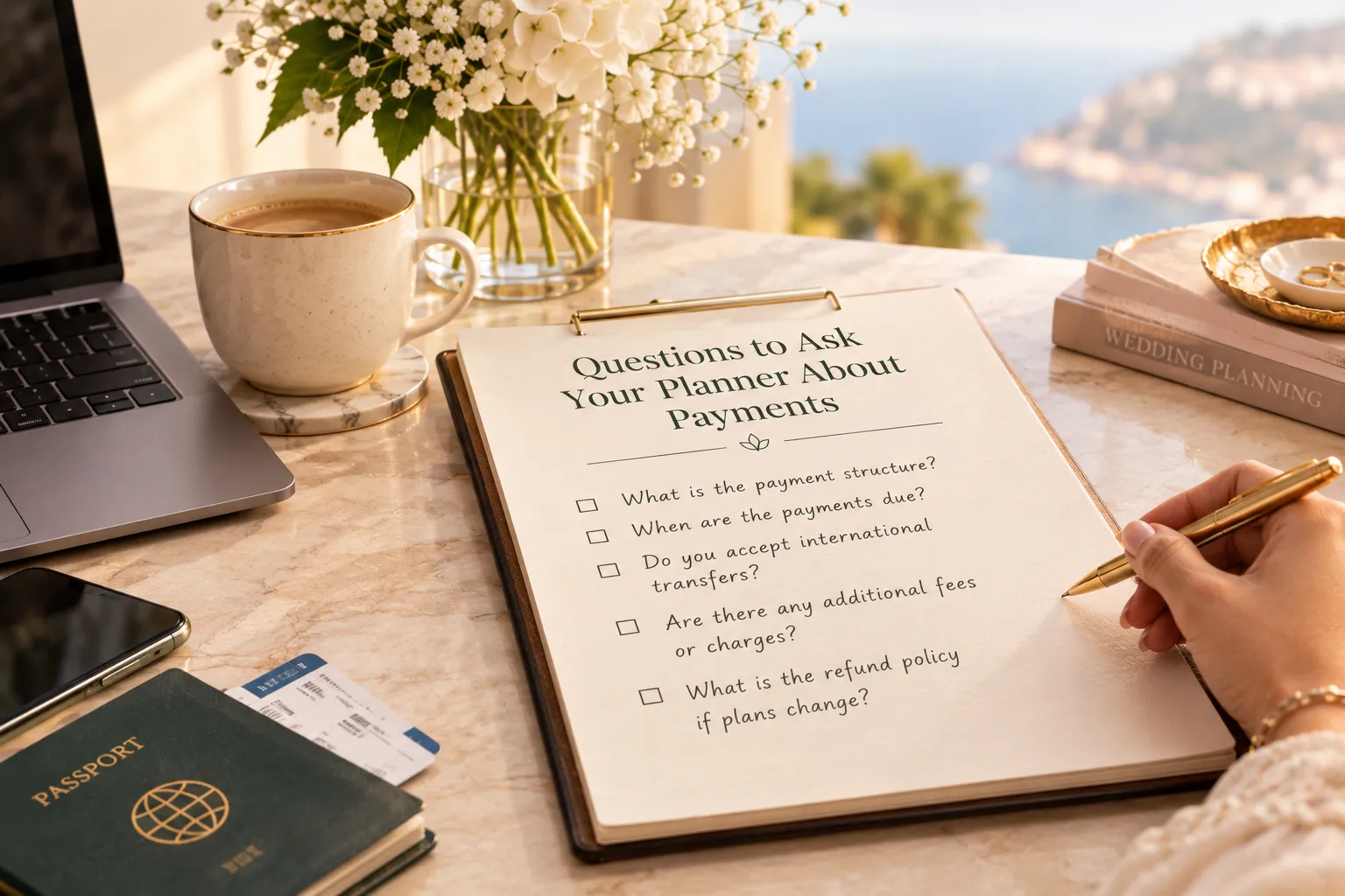 Hand writing a checklist of questions to ask a wedding planner about payment structures and international transfers.