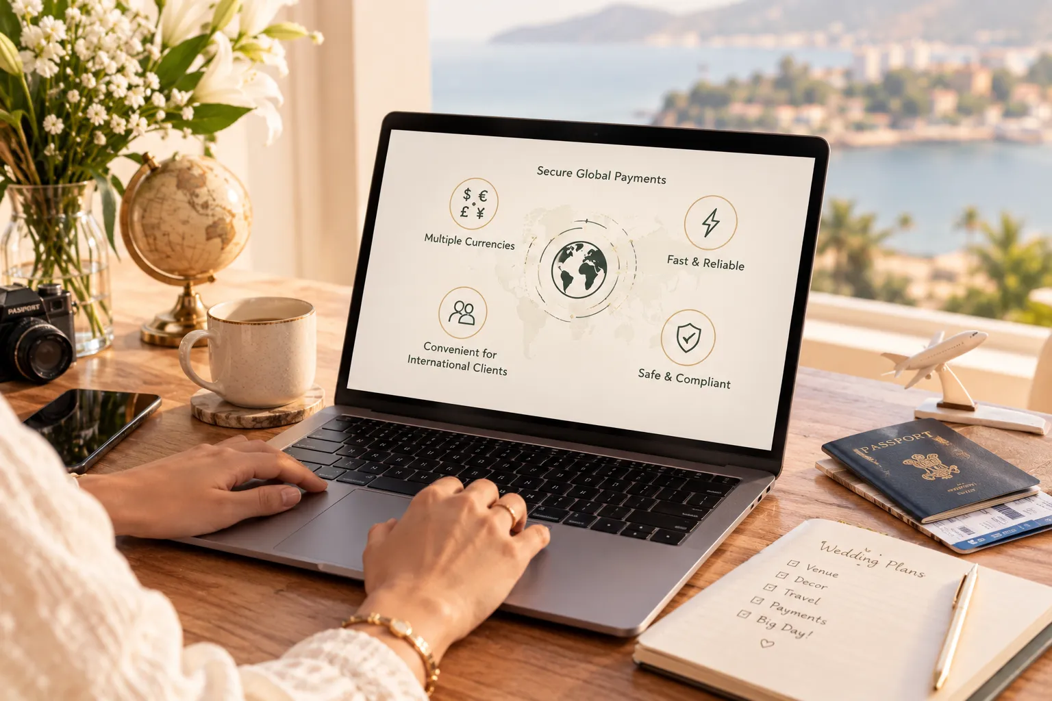Person using a laptop for secure global payments while planning a destination wedding.