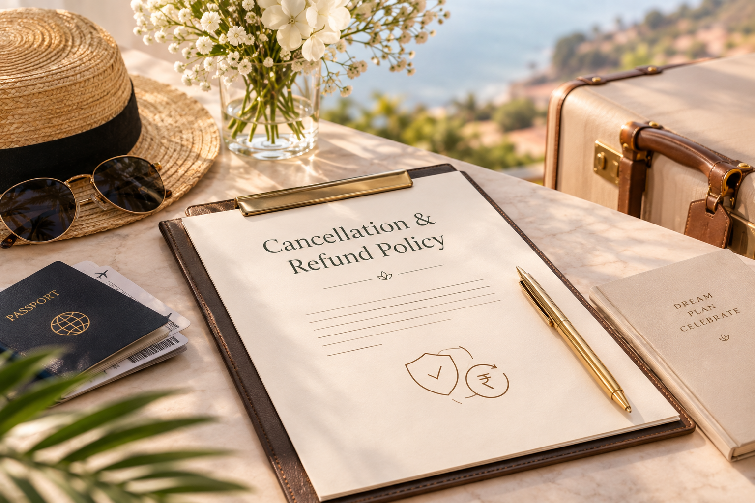 Wedding planner cancellation and refund policy — transparent terms for destination weddings, passport and travel essentials on a marble table with coastal view, NRI wedding planning trust and financial protection.